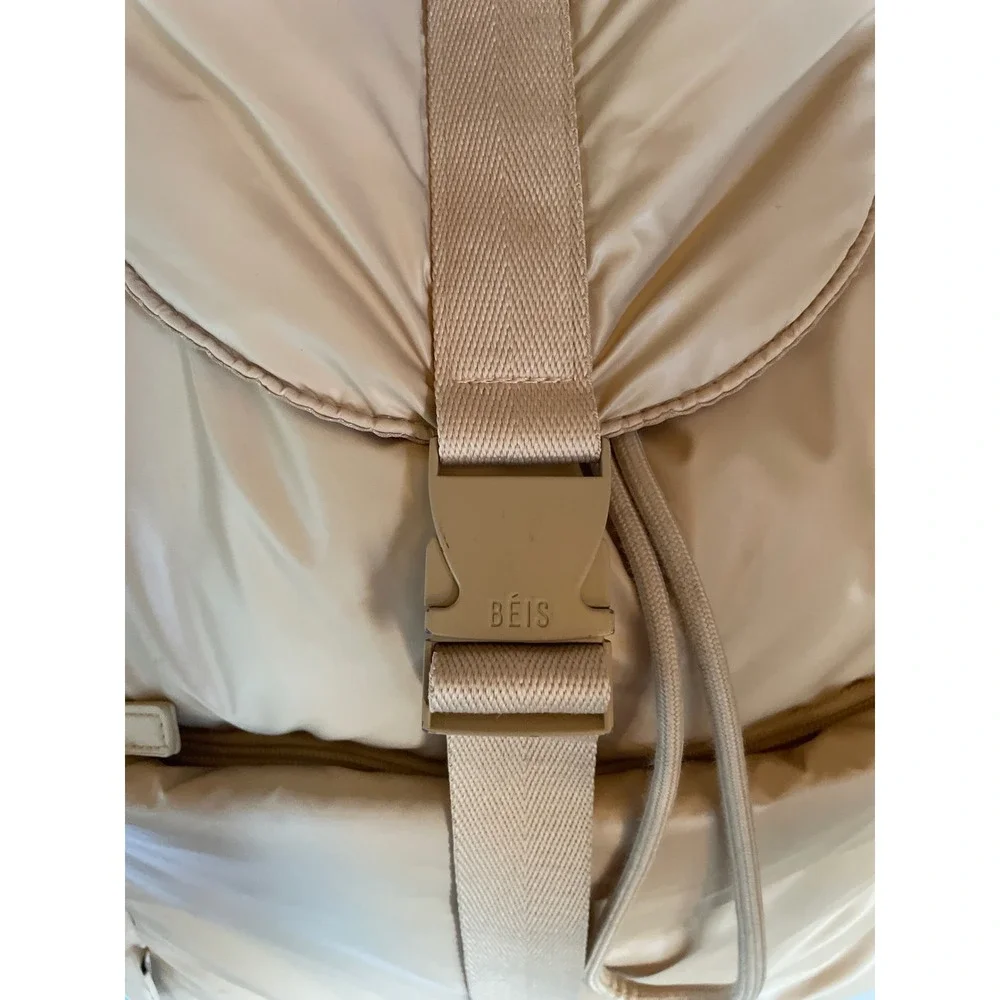 BEIS Puffy Cargo Backpack Beige Tan Quilted Lightweight Travel Bag Buckle Clasp